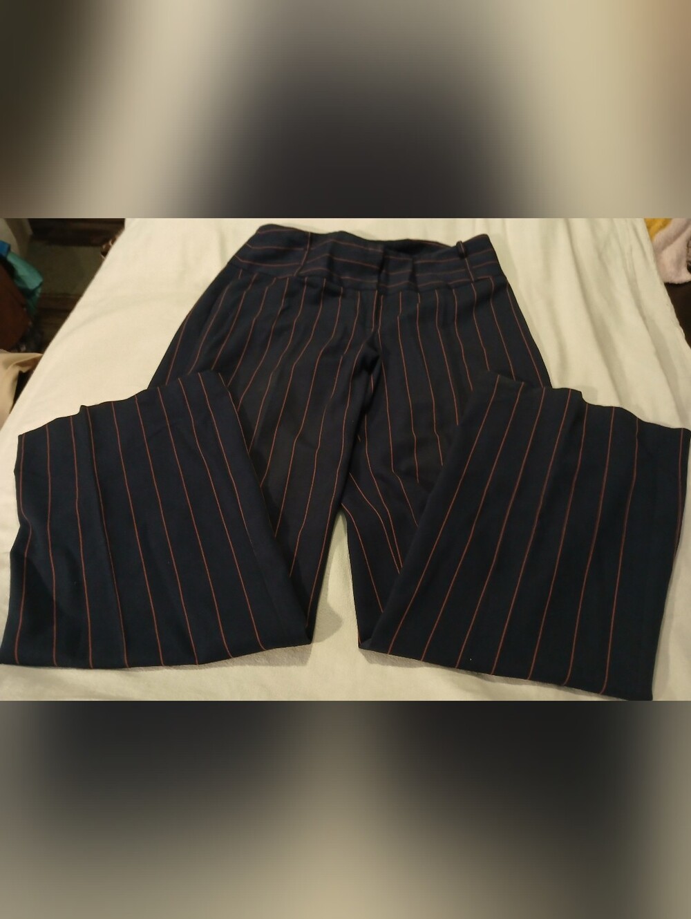 Pre-loved women's metrostyle Navy dress pants with fushia pinstripes.